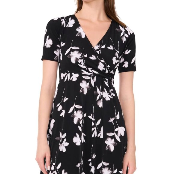 MSK Petite Floral Print Surplice Midi Dress Black White Size PXL - Picture 3 of 5